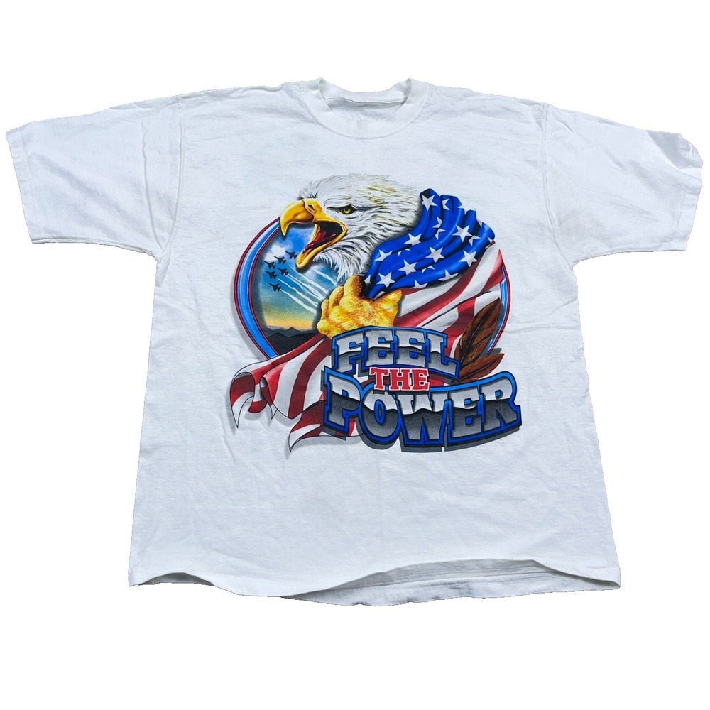 Vintage America Shirt Men XL White Tee Freedom Eagle Nature‎ Flag USA Adult 90s